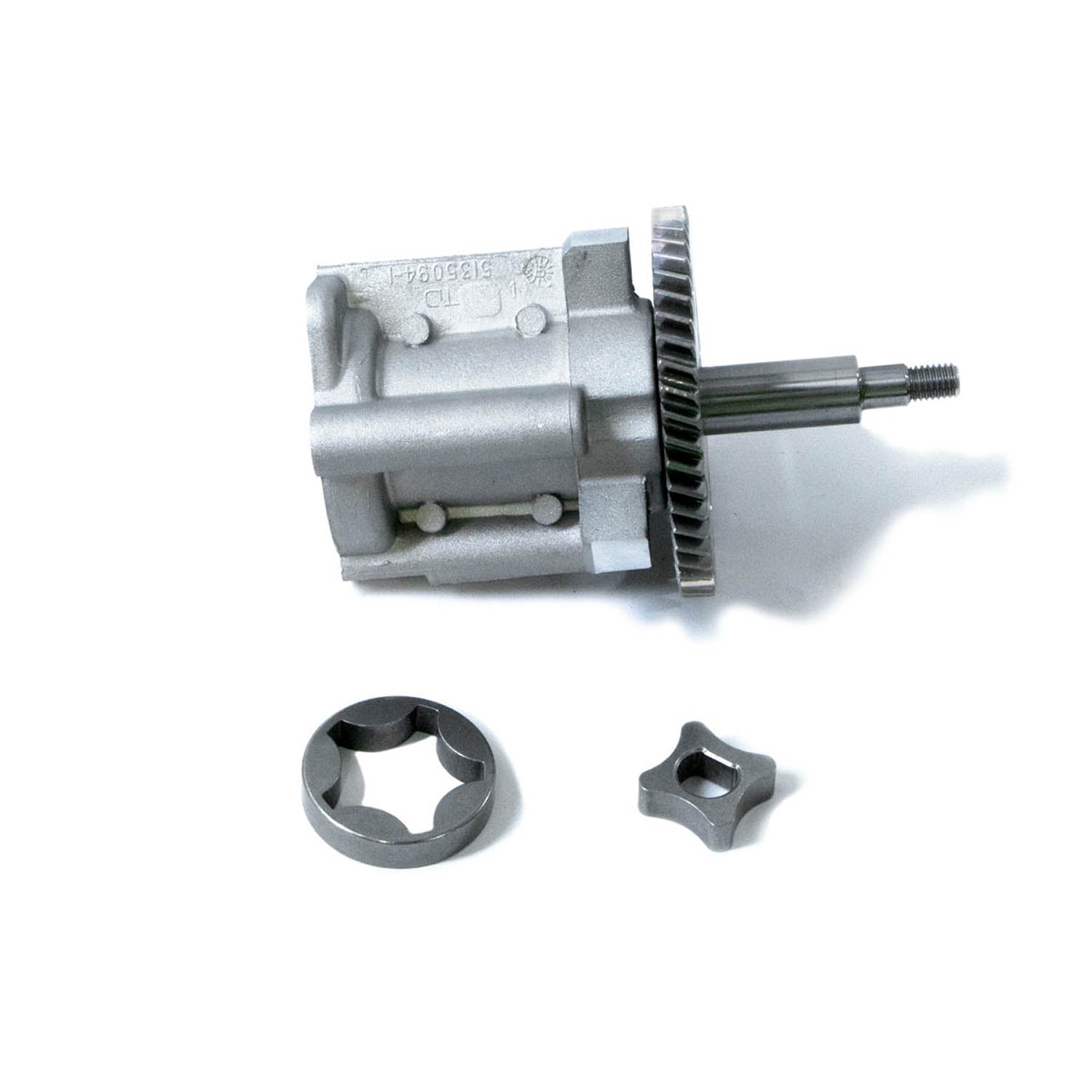 Silver metal oil pump with gear and two star-shaped metal components for Polaris ATV.
