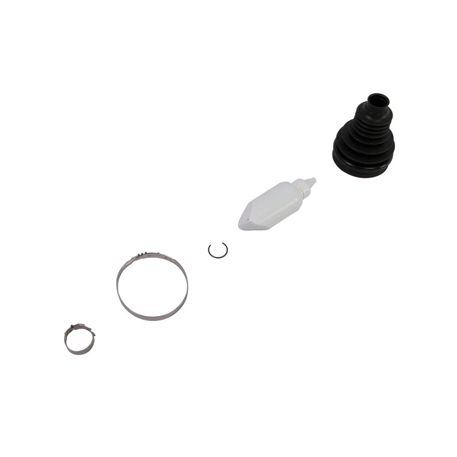 Black rubber CV boot with white grease packet and three metal clamps of varying sizes on white background.