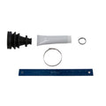 Black rubber CV boot with white grease tube and two metal clamps arranged next to a blue ruler.