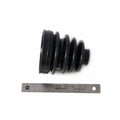 Black rubber CV boot with accordion pleats, shown next to a 6-inch metal ruler for scale.