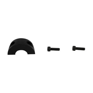 Black curved master cylinder clamp with two black mounting screws.