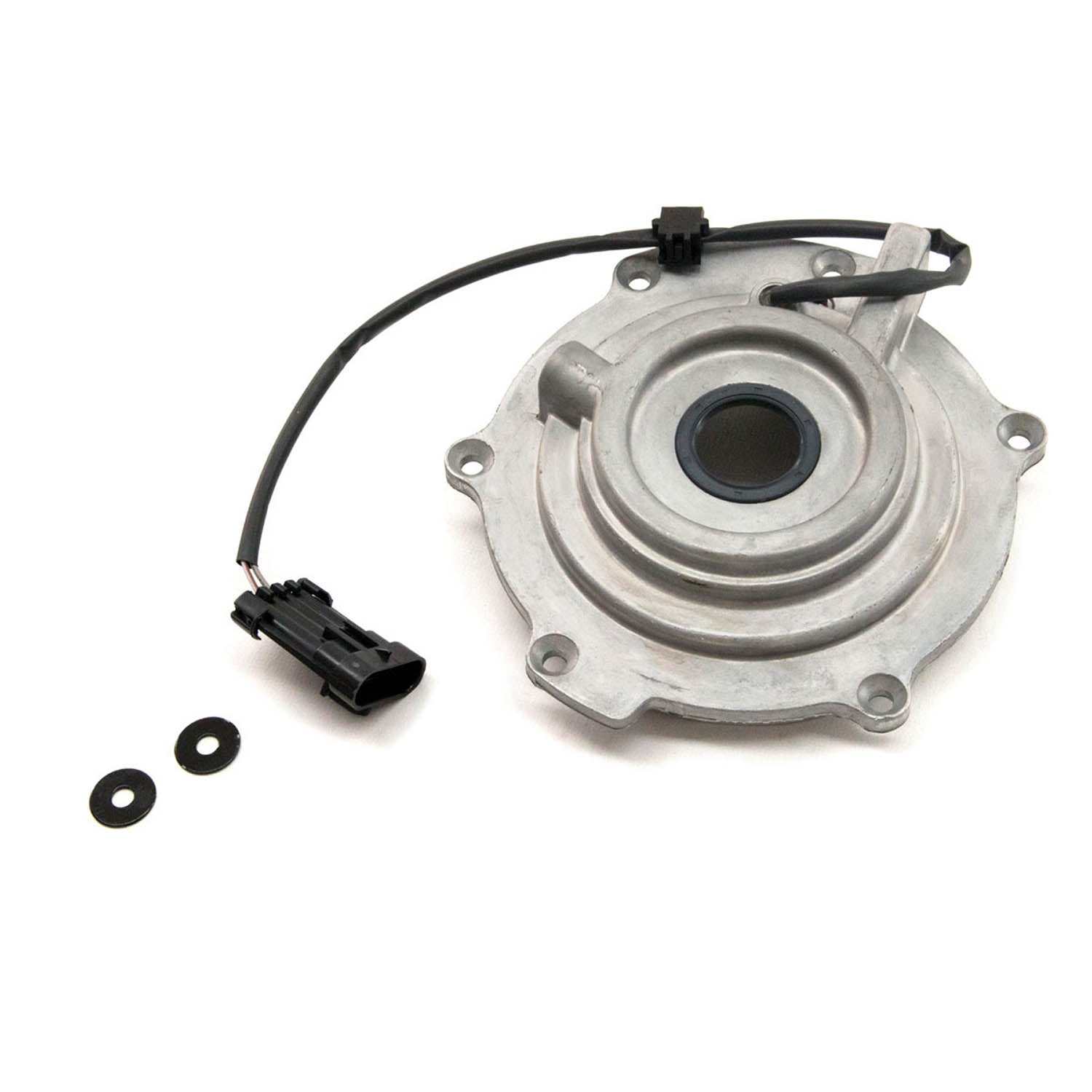 Silver metal output cover with central black seal, attached black sensor wire, and two small rubber washers.