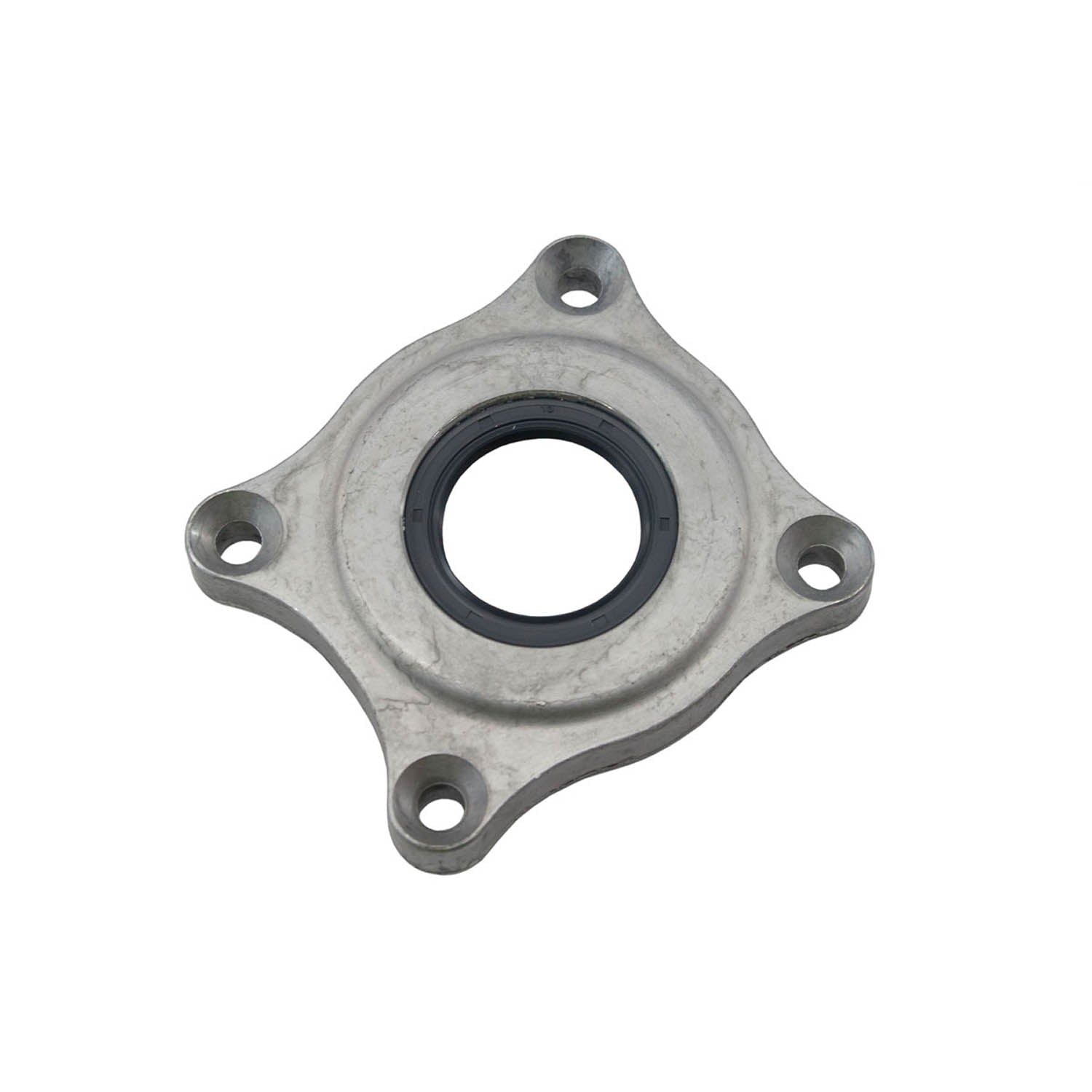 Gray metal input cover with circular black rubber seal and four mounting holes.
