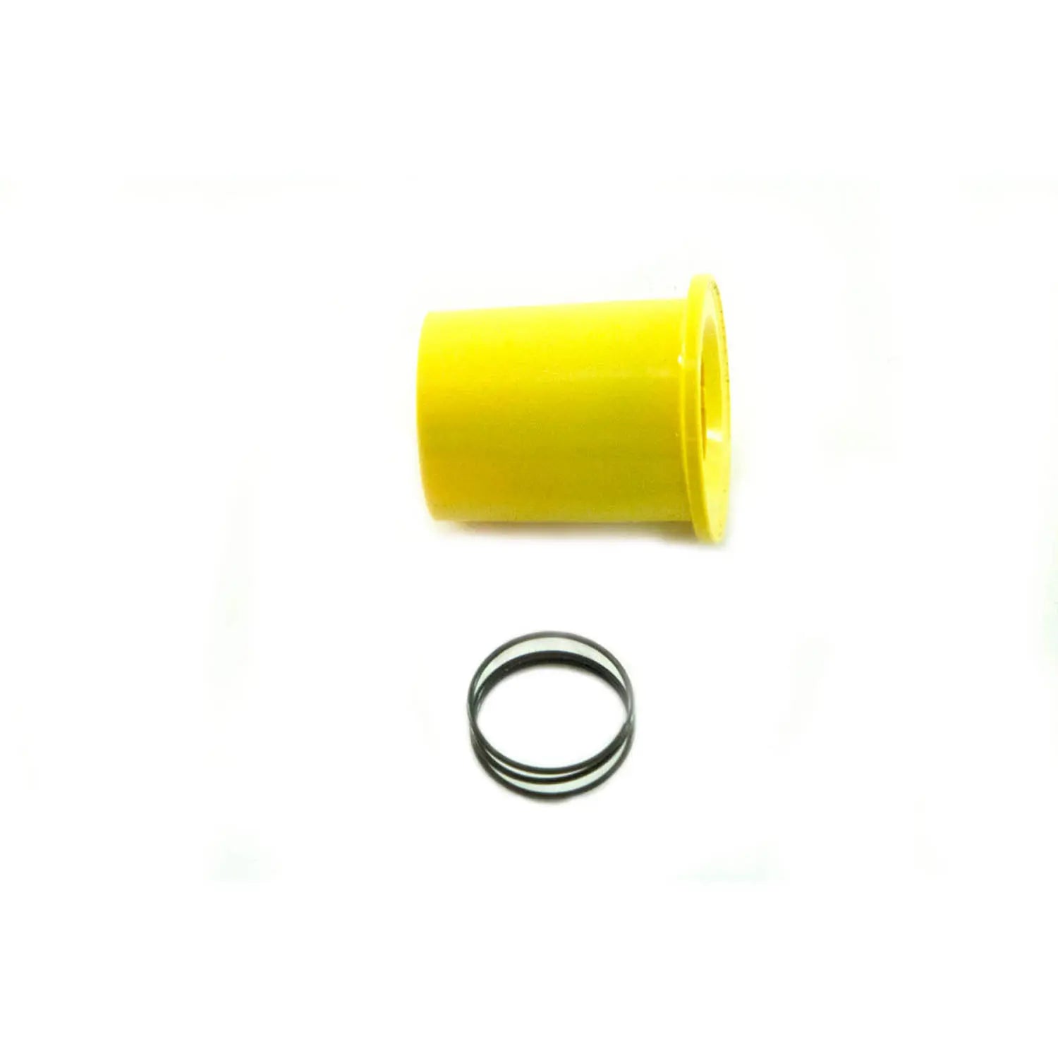 Yellow cylindrical oil lock cap with black coiled spring set against white background.