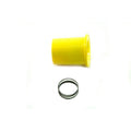 Yellow cylindrical oil lock cap with black coiled spring set against white background.