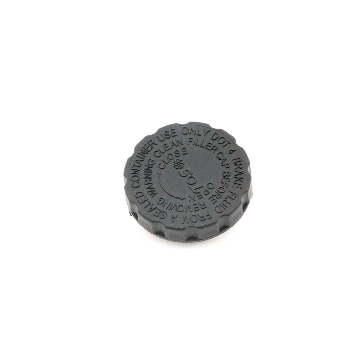 Black plastic master cylinder cap with embossed text and a ridged edge for grip.