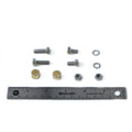 Set of silver metal bolts, brass spacers, silver lock washers, and hex nuts with black markings, shown next to a 6-inch.