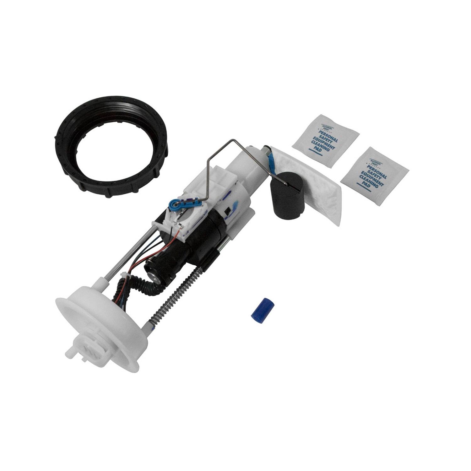White and black fuel pump assembly with wiring harness, mounting ring, and two adhesive pads.