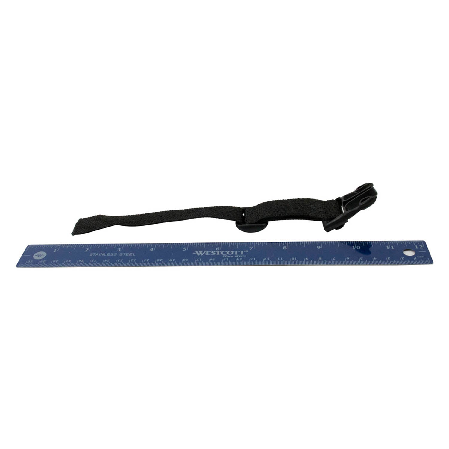 Black nylon rear upper clip strap with adjustable buckle, about 12 inches long by a blue ruler.