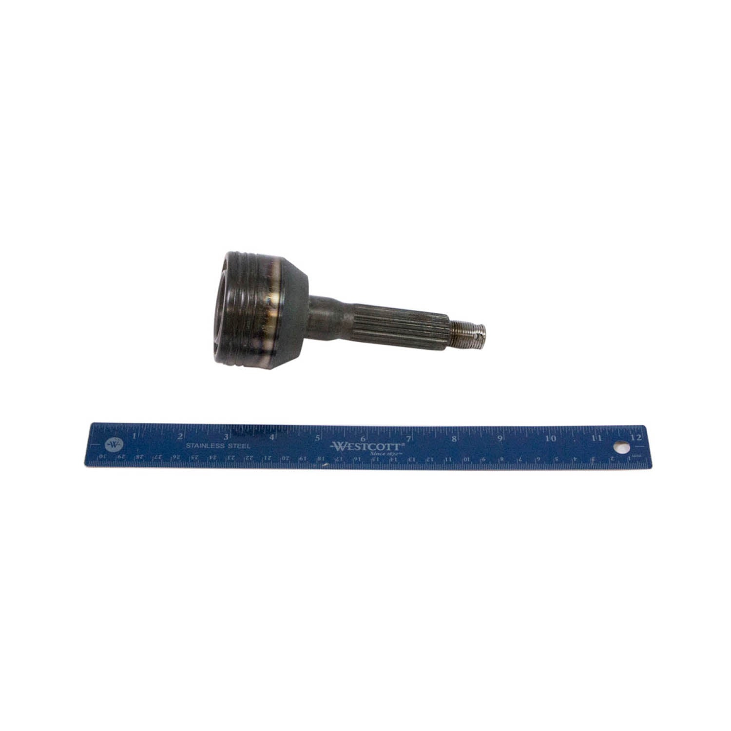 Black metal CV joint with splined shaft, shown next to a blue 12-inch ruler for scale.