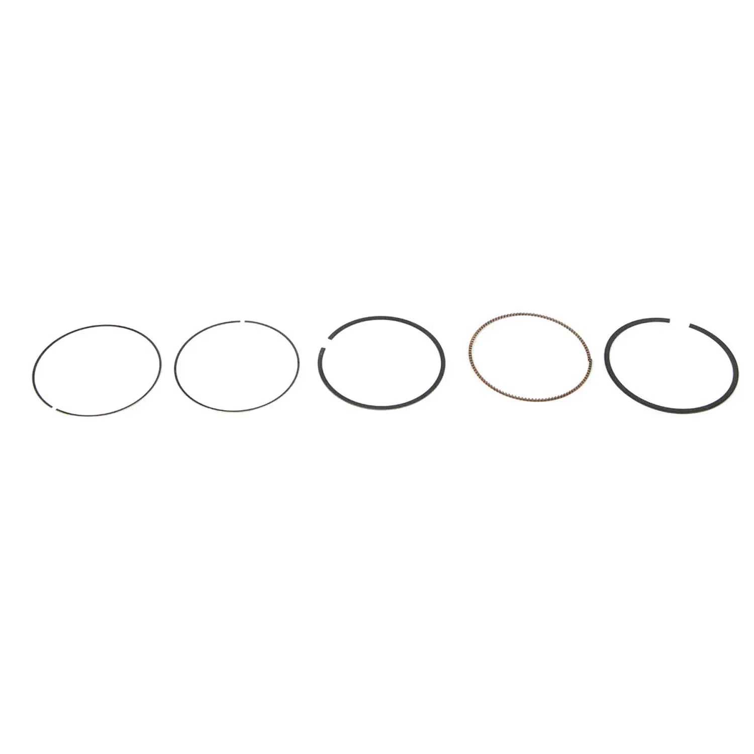Set of five metal piston rings in varying thicknesses and colors, arranged in a row on white background.