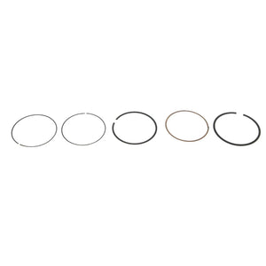 Set of five metal piston rings in varying thicknesses and colors, arranged in a row on white background.