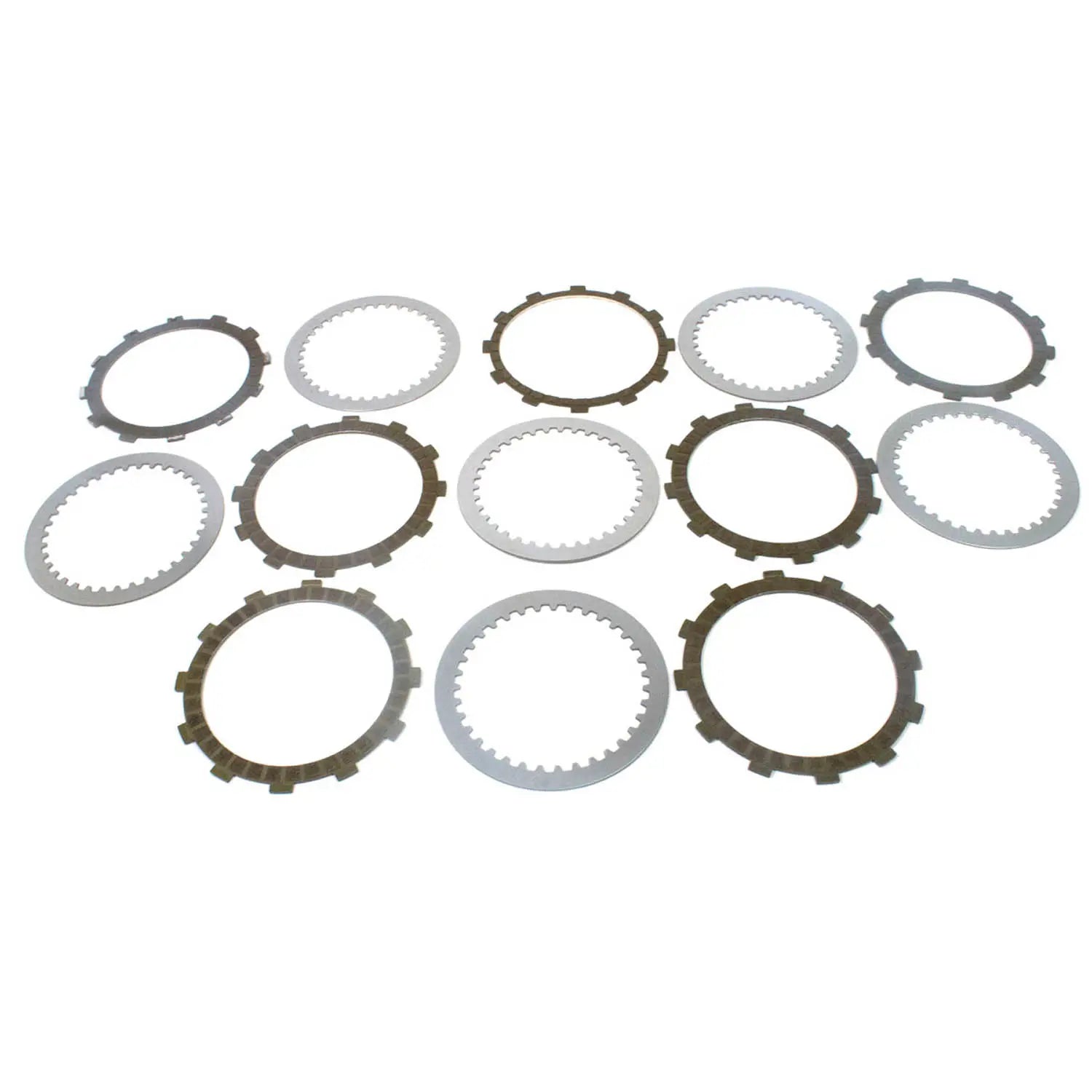 A set of 12 round clutch plates—6 metallic with toothed edges and 6 smooth steel—displayed on a white background. Perfect as an OEM Clutch Pack by Polaris for your Indian motorcycle.