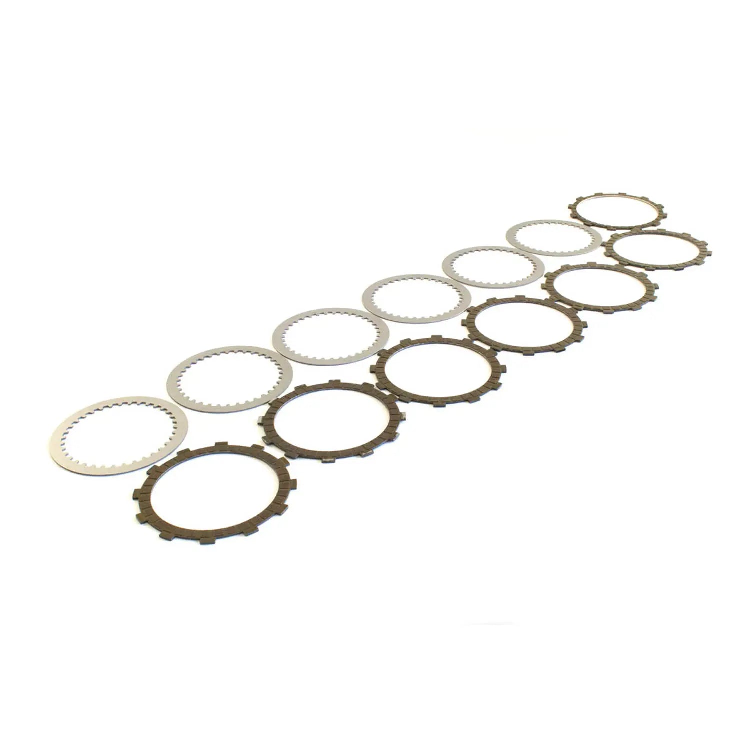 A set of alternating round metal and friction clutch plates, arranged diagonally on a white background—Clutch Pack by Polaris, essential genuine OEM parts for your Indian motorcycle.