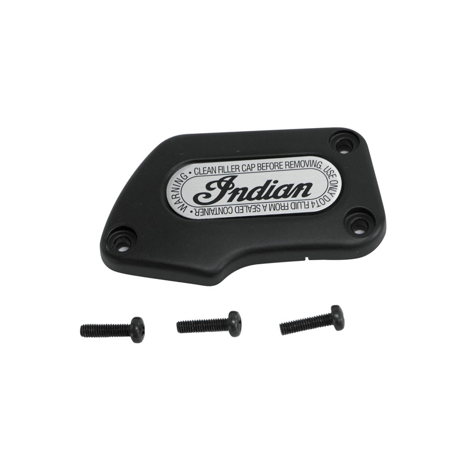 Black angular cover gasket with white oval "Indian" logo and three black screws.