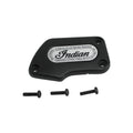 Black angular cover gasket with white oval "Indian" logo and three black screws.