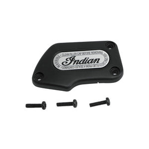 Black angular cover gasket with white oval "Indian" logo and three black screws.