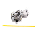 Metallic long block engine kit with aluminum casing and exposed mechanical components, shown with yellow measuring tape.