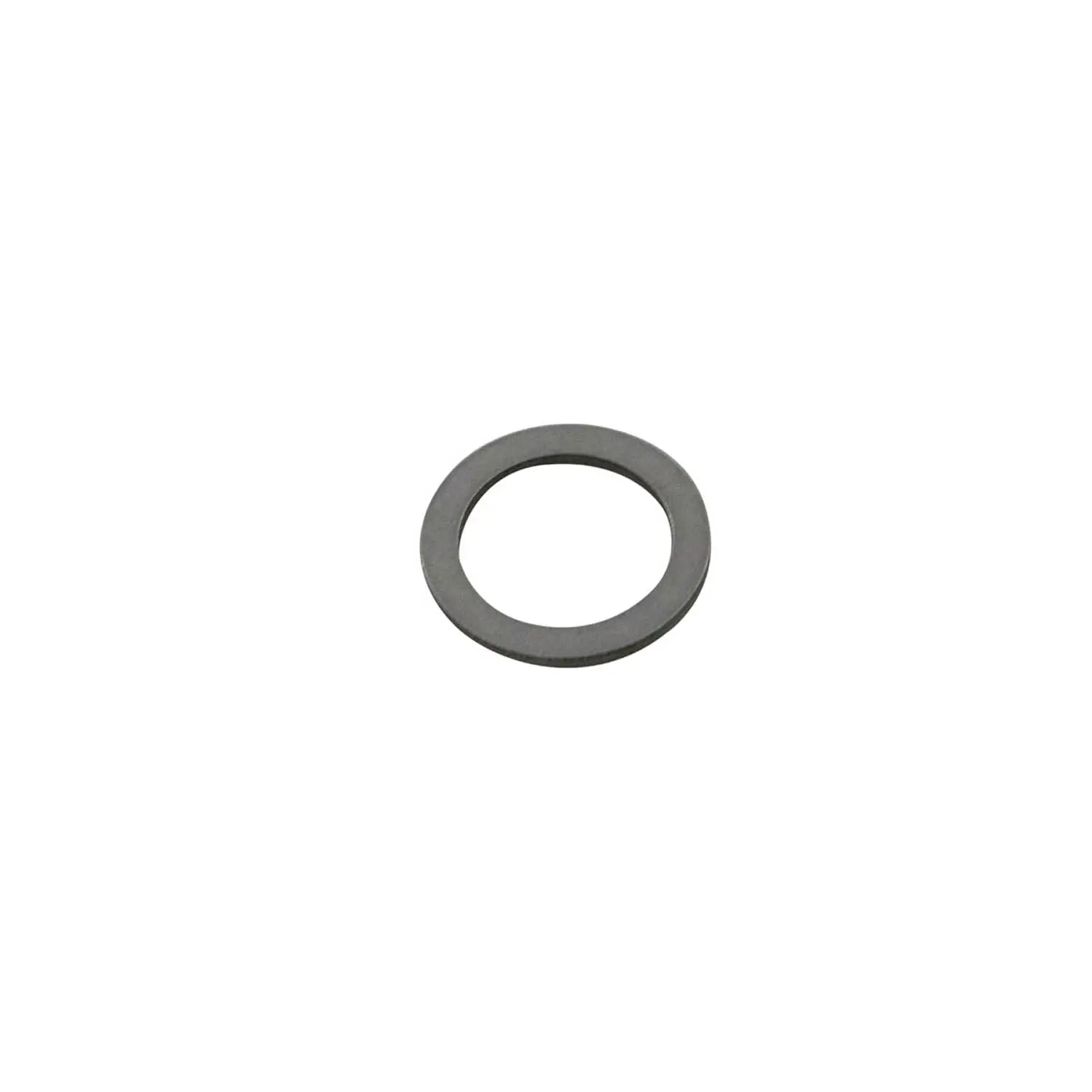Metallic silver washer with smooth flat surface and circular shape.