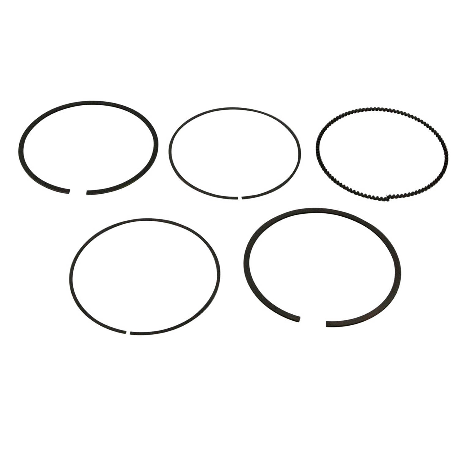 Set of five black metal piston rings in varying thicknesses and designs arranged on white background.