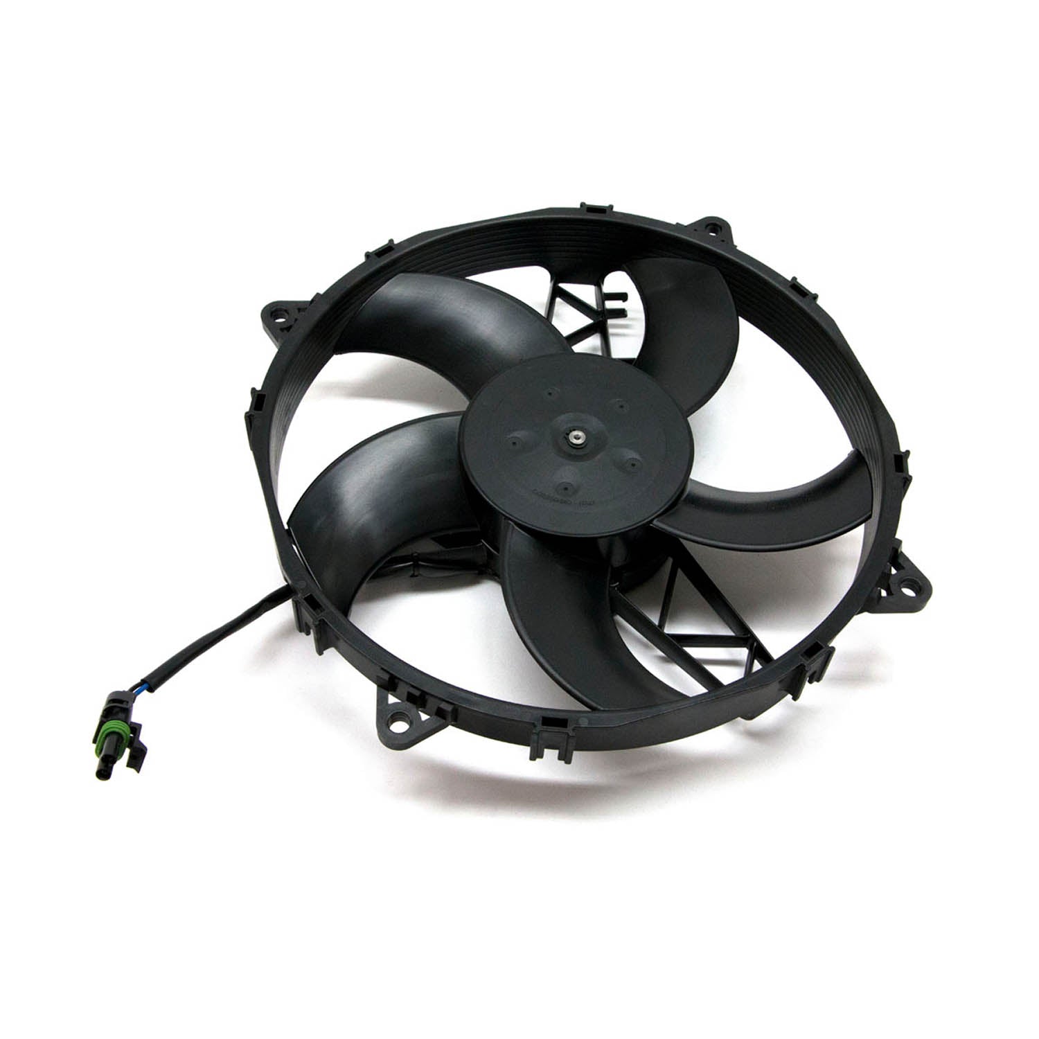 Black 11-inch five-blade plastic ATV cooling fan with mounting frame and electrical connector.