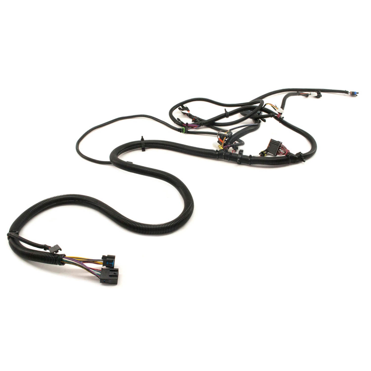 Black chassis wiring harness with multiple connectors and protective sheathing designed for UTV electrical systems.