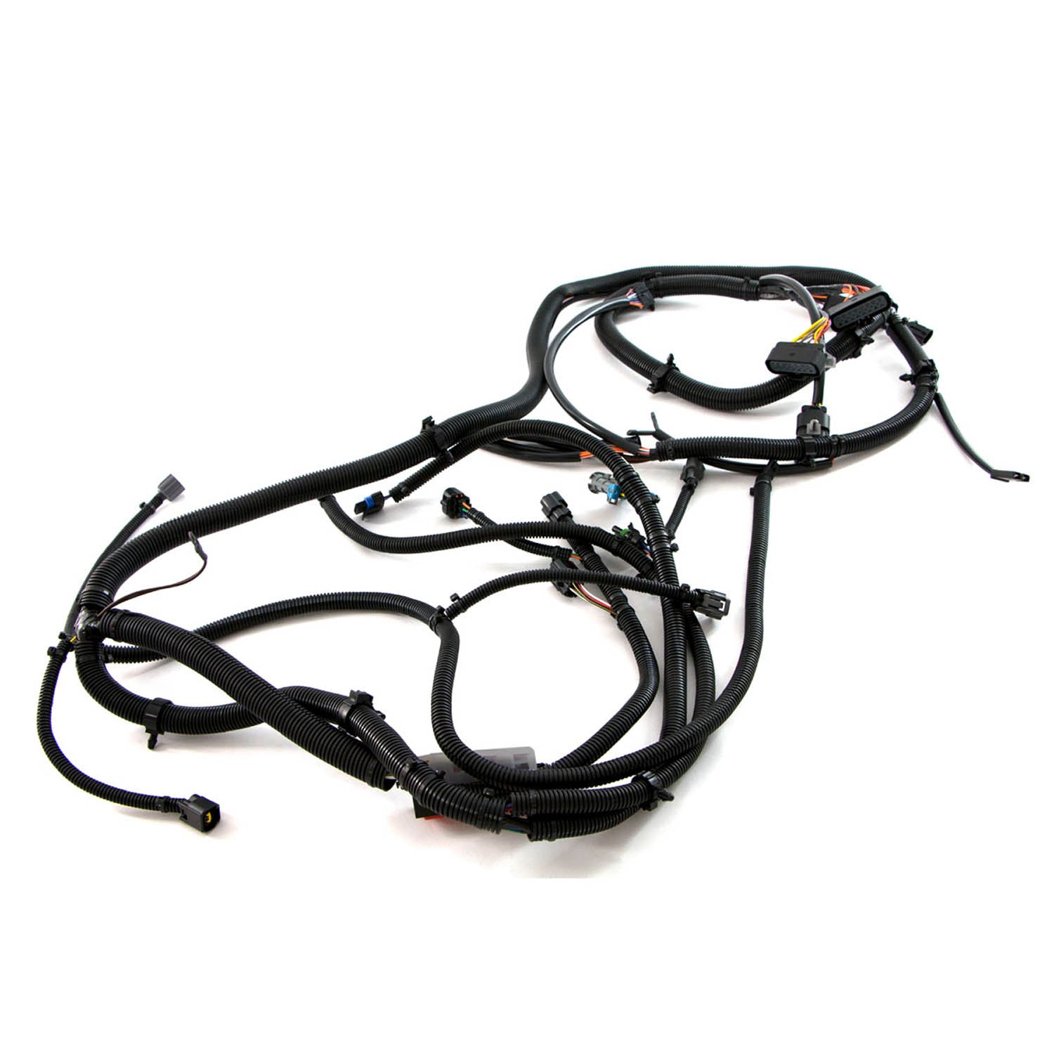 Black Polaris chassis wiring harness with multiple connectors and protective tubing designed for UTV offroad vehicles.