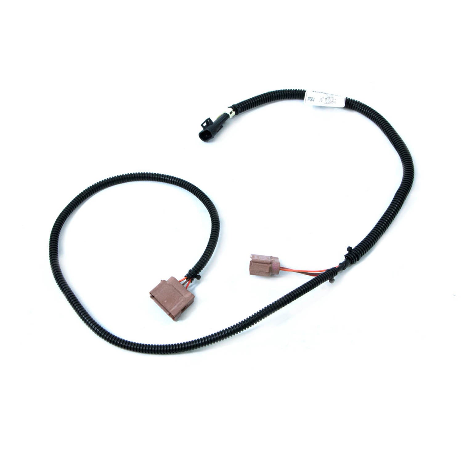 Black cargo box harness with two brown connectors and protective cable sheathing.