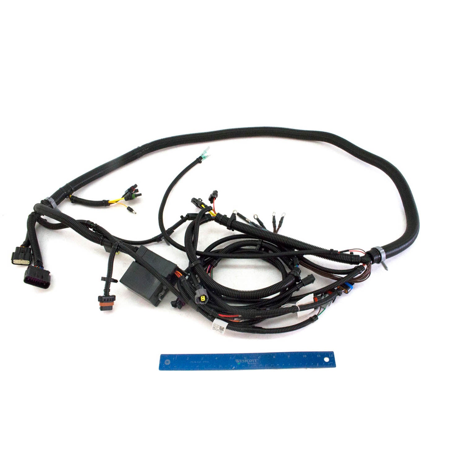 Black automotive wiring harness with multiple connectors and protective sleeving, laid next to a blue ruler for scale.