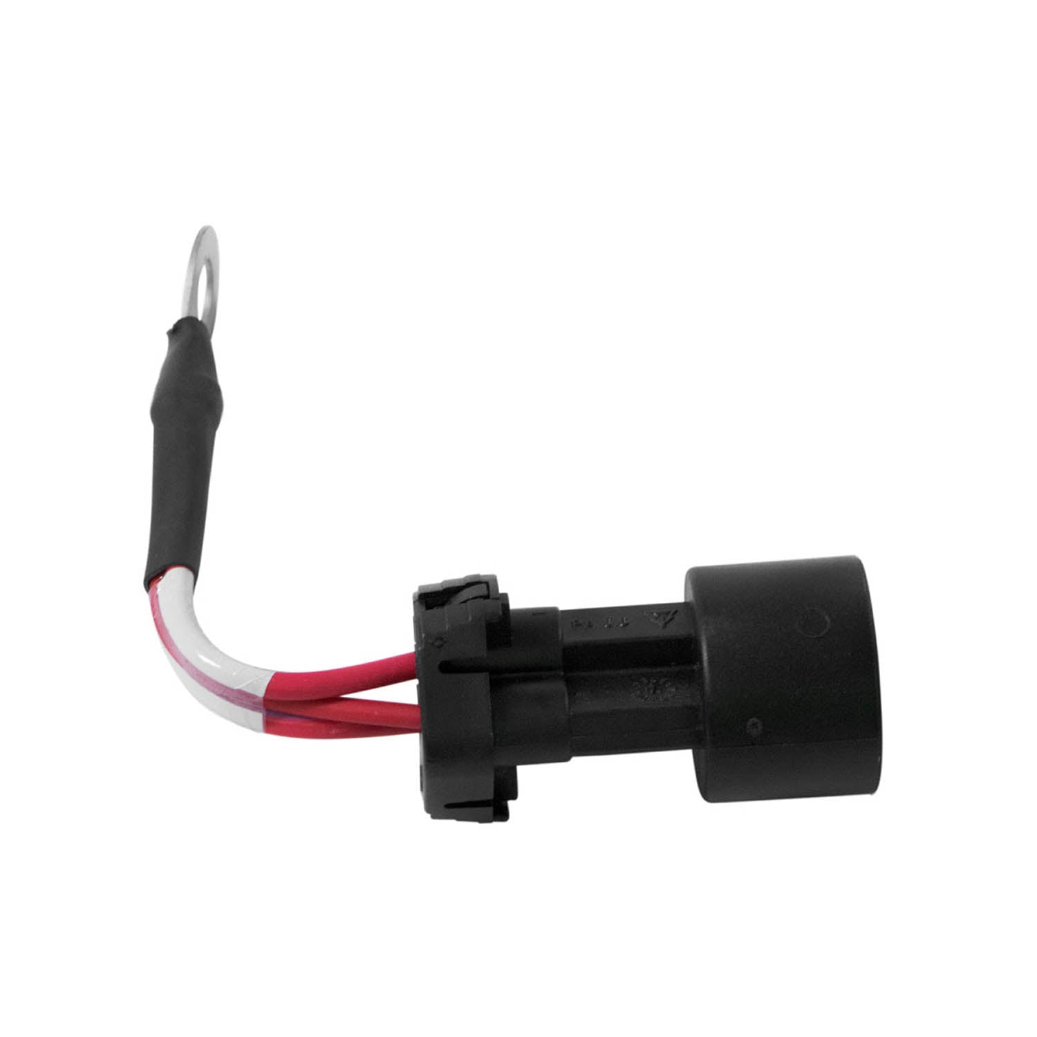 Black cylindrical electrical contactor harness with red and white wires and black heat shrink tubing.
