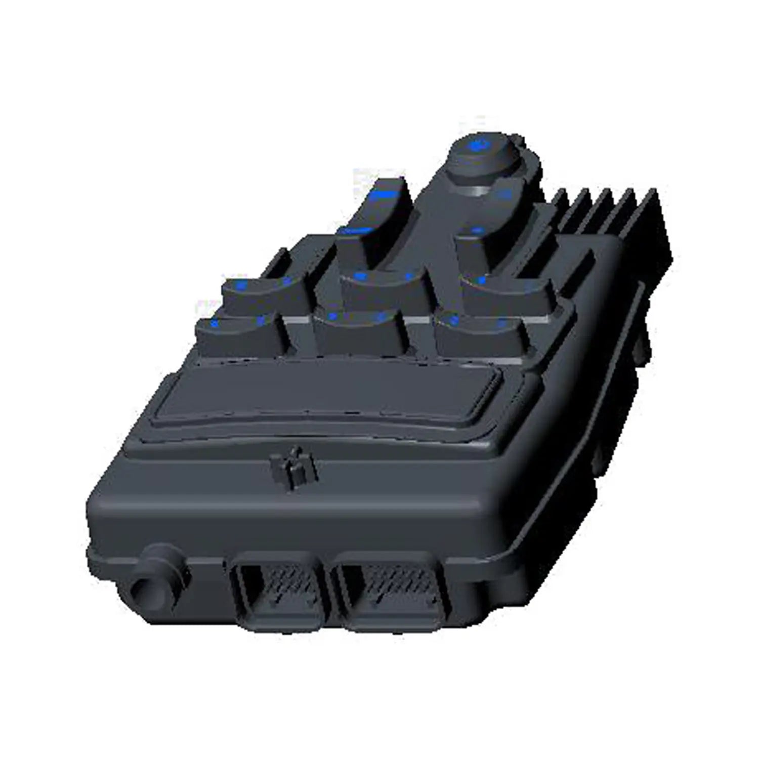 Black rectangular motorcycle dash display module with cooling fins and multiple connection ports.