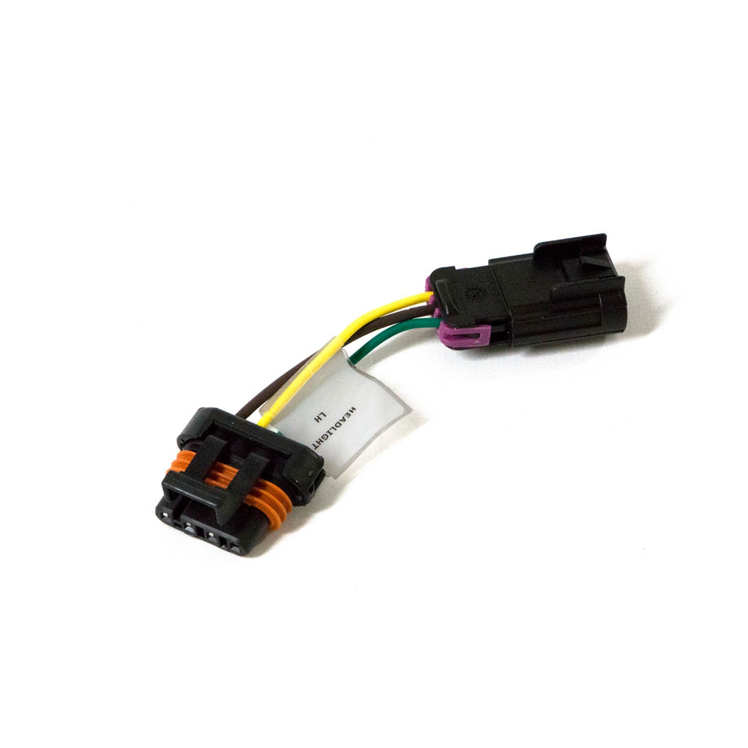 Black plastic LED headlight wiring harness with yellow, purple, and green wires and orange locking clips.