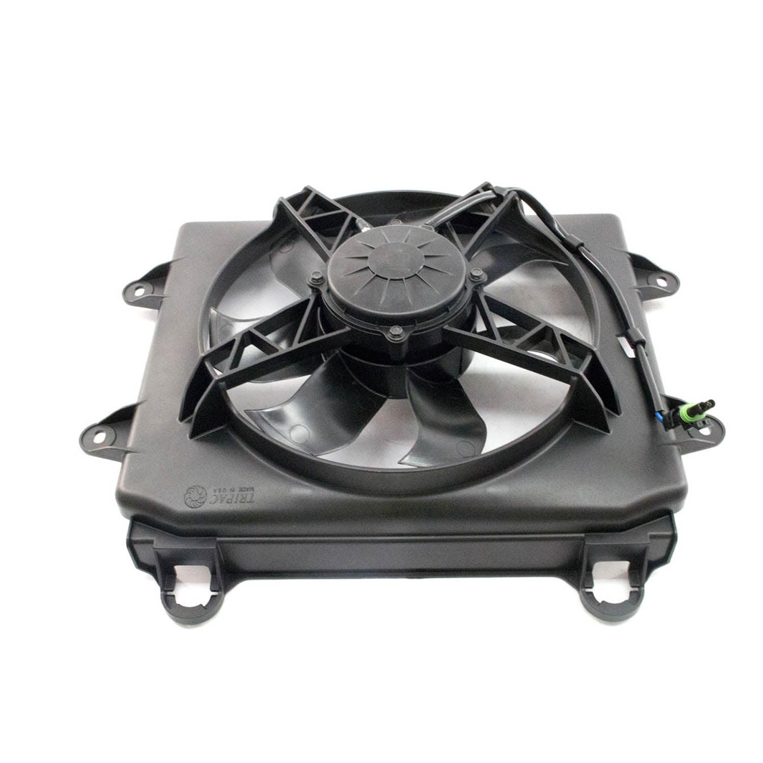 Black plastic cooling fan with integrated shroud, five-blade design, and mounting brackets on corners.