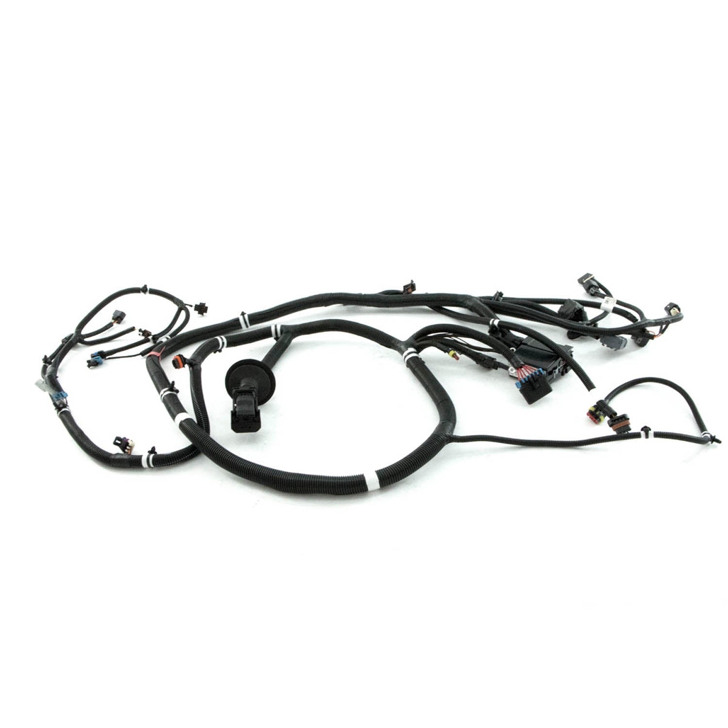 Black automotive wiring harness with multiple connectors and protective sheathing for Polaris RZR XP chassis.