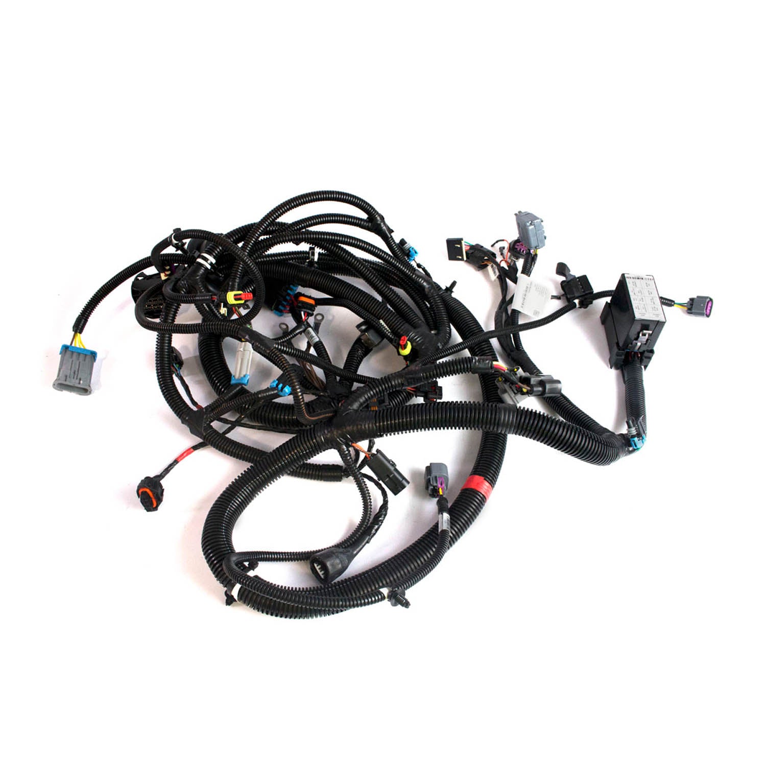 Black bundled wiring harness with multiple connectors and protective sheathing for Polaris RZR chassis.