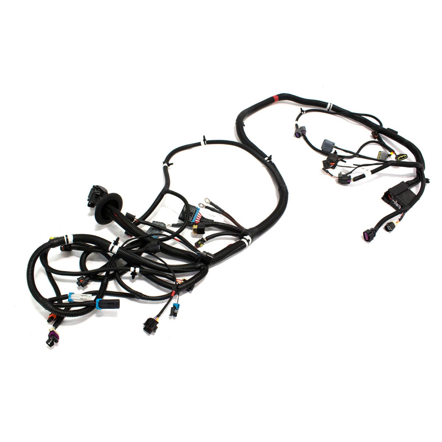 Black wiring harness with multiple connectors and protective tubing designed for Polaris RZR offroad vehicles.