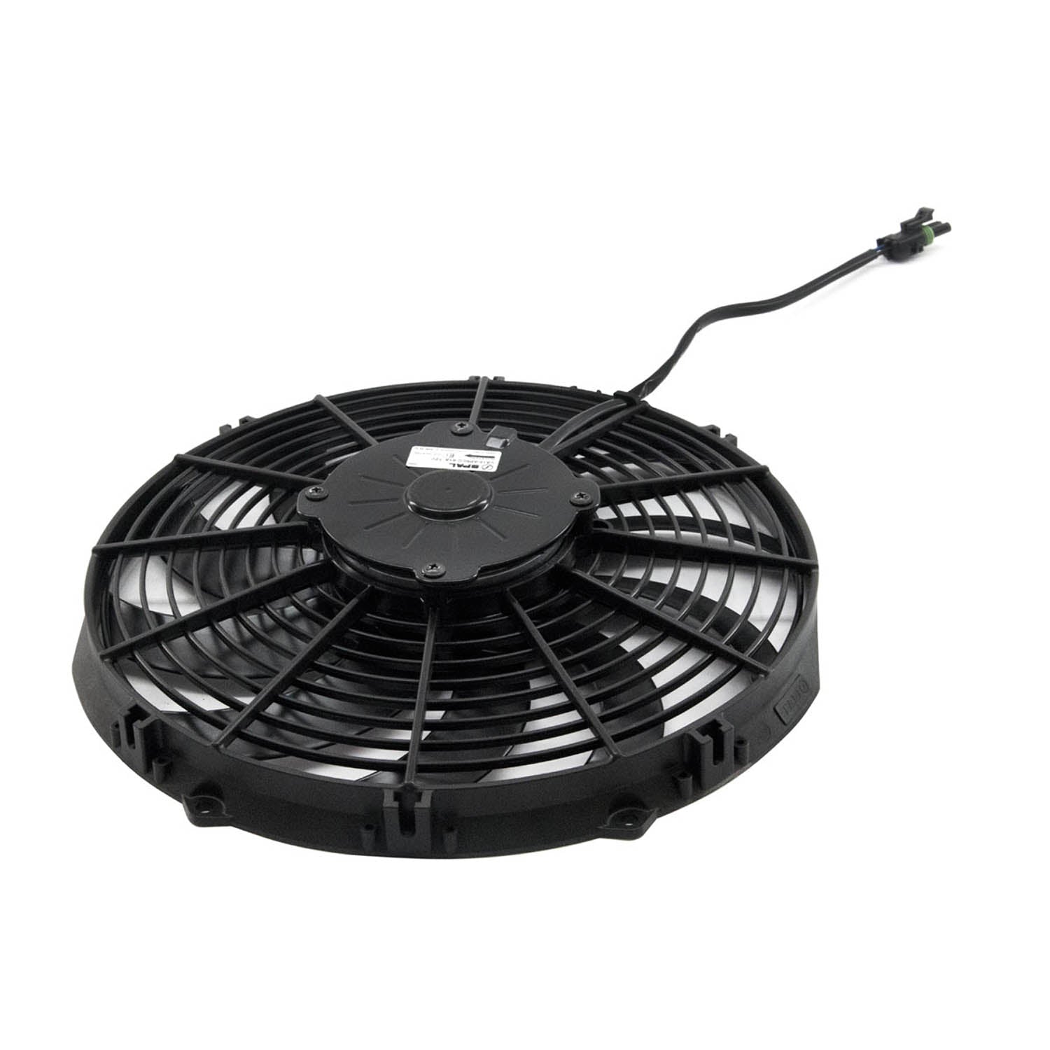 Black circular fan with curved blades and attached wiring harness for Polaris UTV cooling system.
