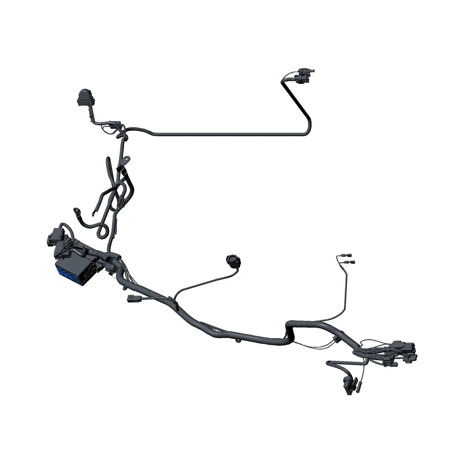 Black molded plastic and rubber main wiring harness with multiple connectors and integrated clips for Polaris motorcycle.