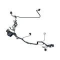 Black molded plastic and rubber main wiring harness with multiple connectors and integrated clips for Polaris motorcycle.