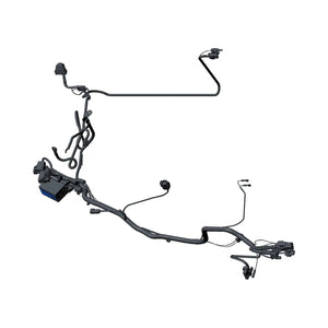 Black molded plastic and rubber main wiring harness with multiple connectors and integrated clips for Polaris motorcycle.