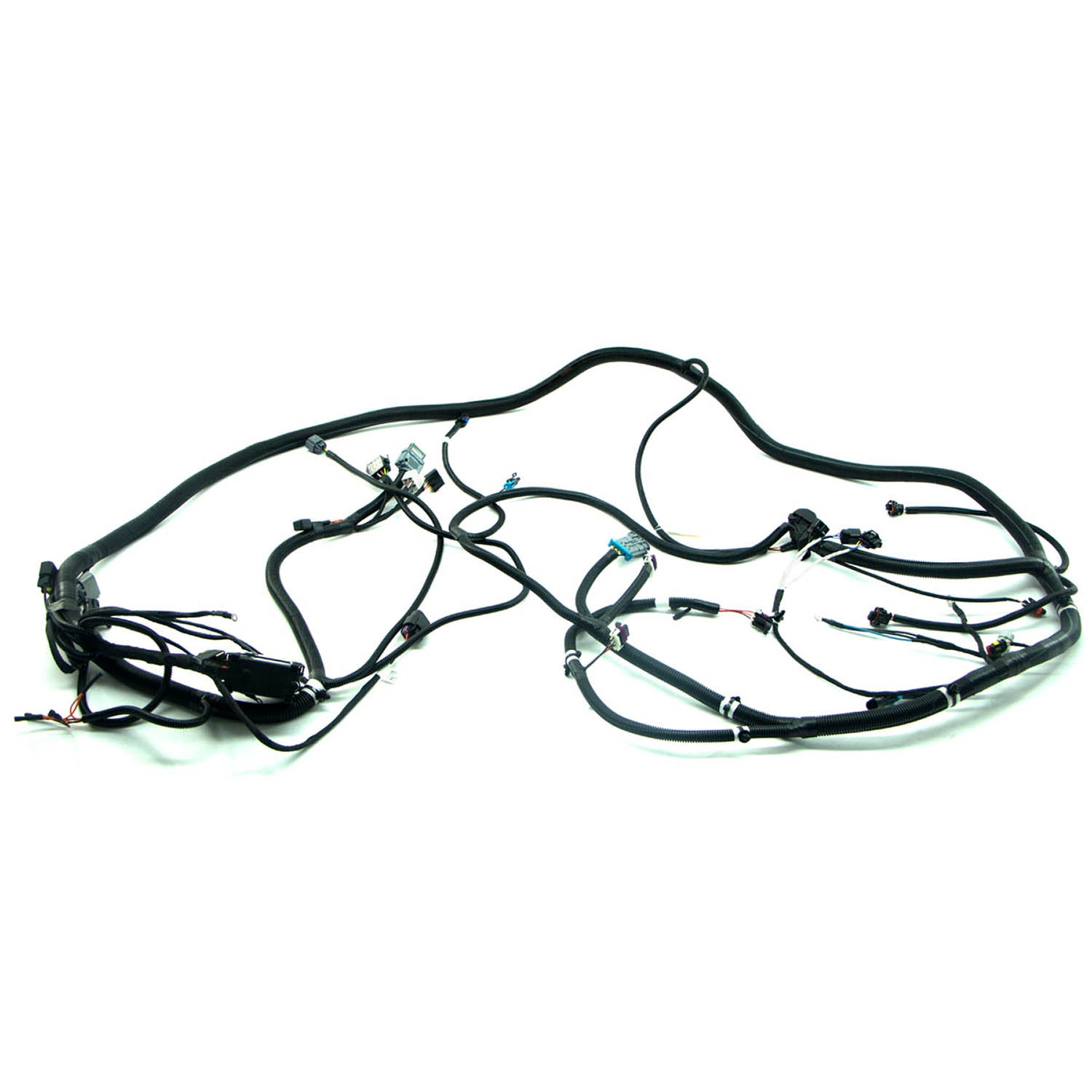 Black wiring harness with multiple connectors and protective sleeves for Polaris RZR 570 chassis.