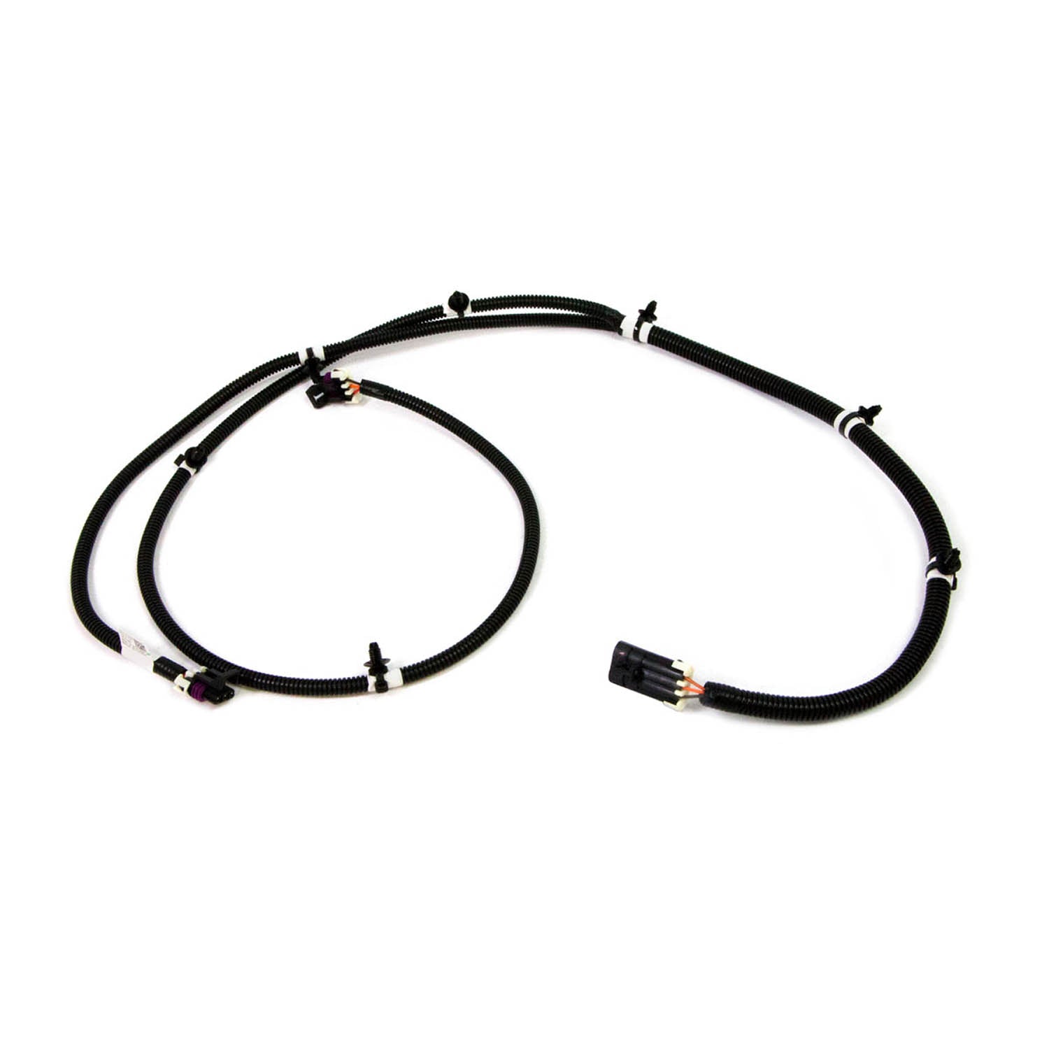 Black electrical cargo box harness with multiple connectors and clips for secure attachment.