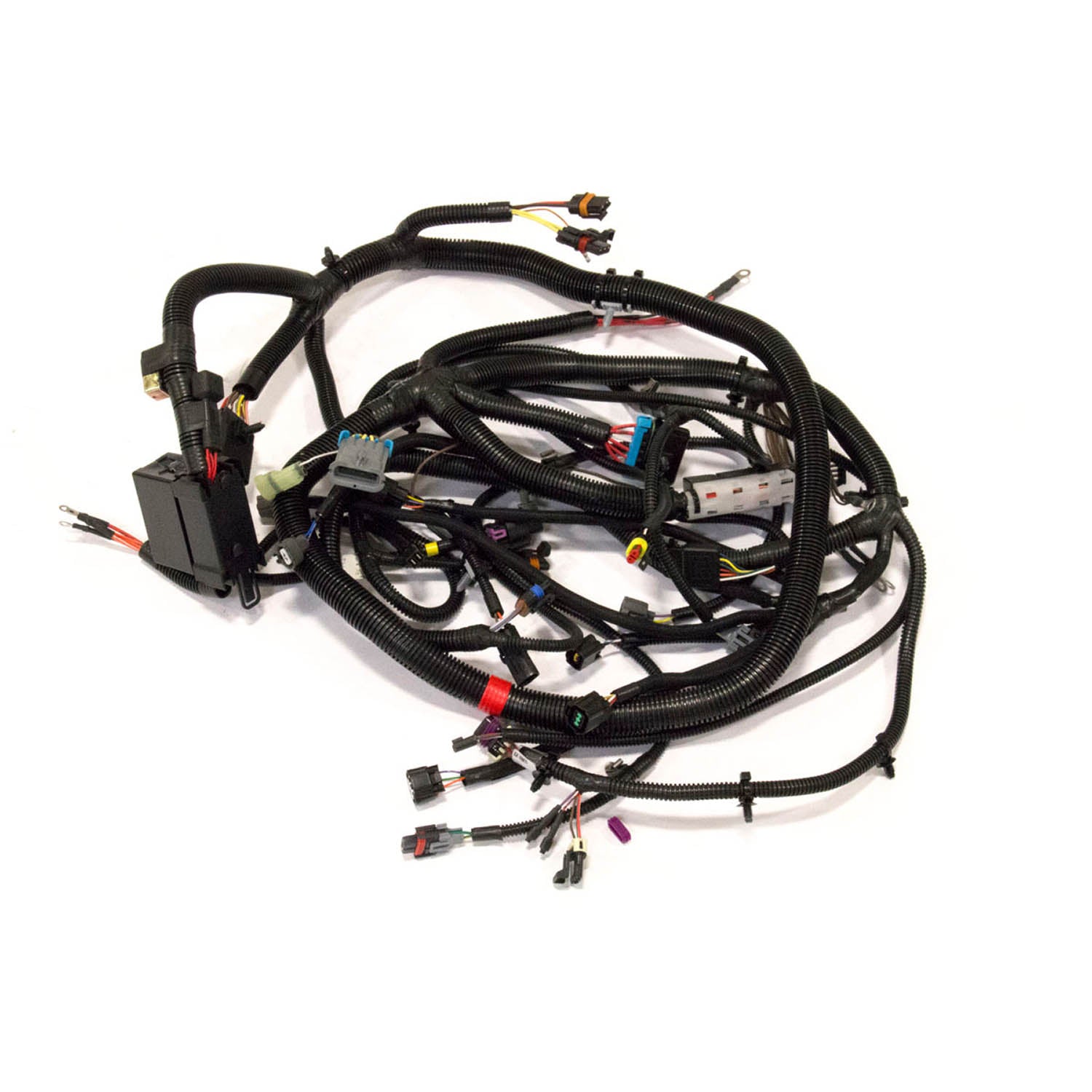 Black wiring harness with multiple connectors and protective sheathing designed for Polaris UTV chassis integration.