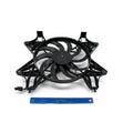 Black plastic cooling fan with nine curved blades and mounting frame, alongside blue ruler for scale.