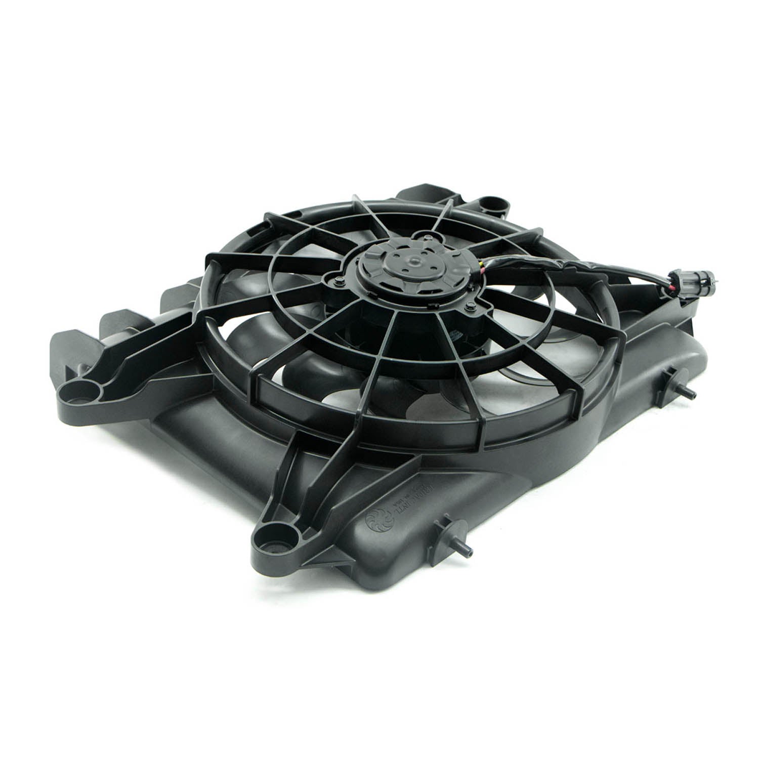 Black plastic fan shroud with circular grill and mounting points for Polaris UTV radiator cooling.