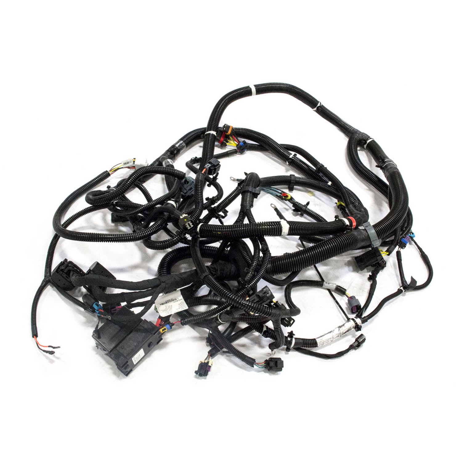 Black wiring harness with multiple connectors, protective sheathing, and color-coded wires for Polaris UTV chassis.