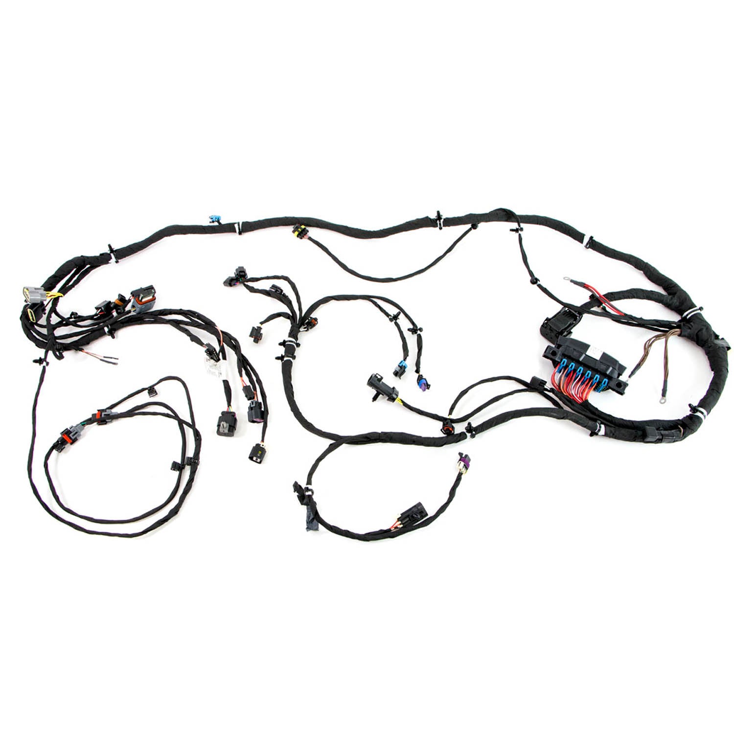 Black flexible wiring harness with multiple connectors and protective coverings arranged in a complex layout.