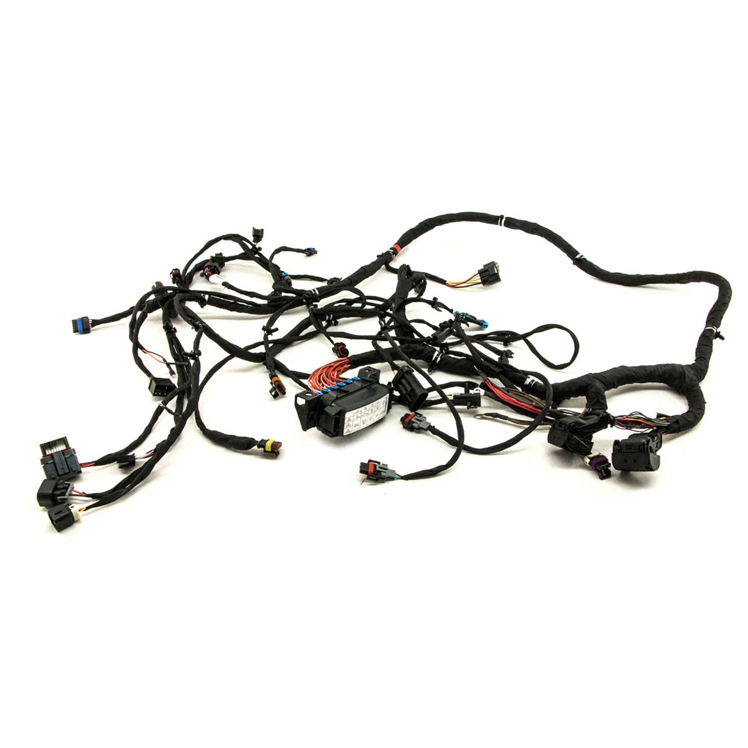 Black Polaris chassis wiring harness with multiple connectors and protective coverings for UTV models.