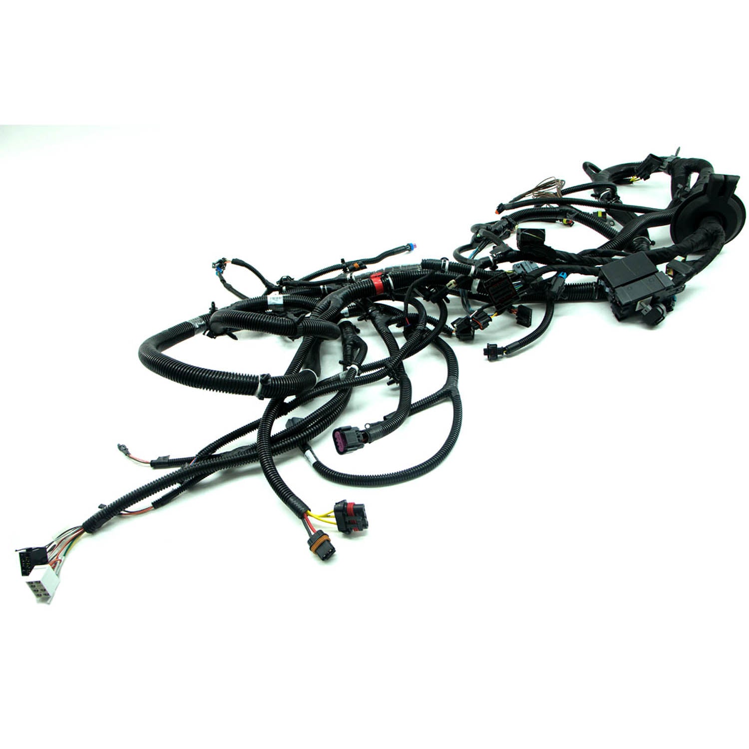 Black wiring harness with multiple connectors and bundled cables for Polaris UTV chassis.