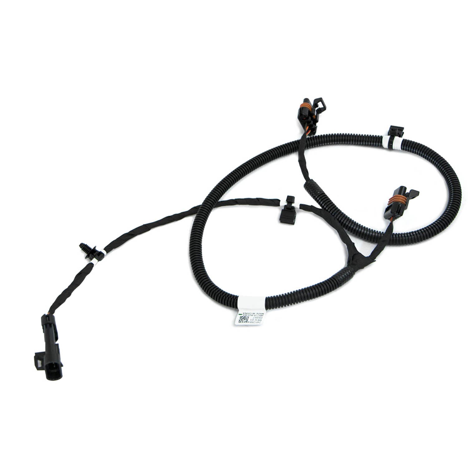 Black wired cargo box harness with multiple connectors and protective sheathing.